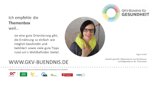Bild mit Angaben zum GKV-Bündnis und Abbildung einer Frau, welche am Projekt beteiligt ist.